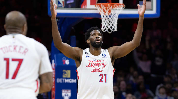 Nov 13, 2022; Philadelphia, Pennsylvania, USA; Philadelphia 76ers center Joel Embiid (21) reacts after scoring against the Utah Jazz during the second quarter at Wells Fargo Center. Mandatory Credit: Bill Streicher-USA TODAY Sports